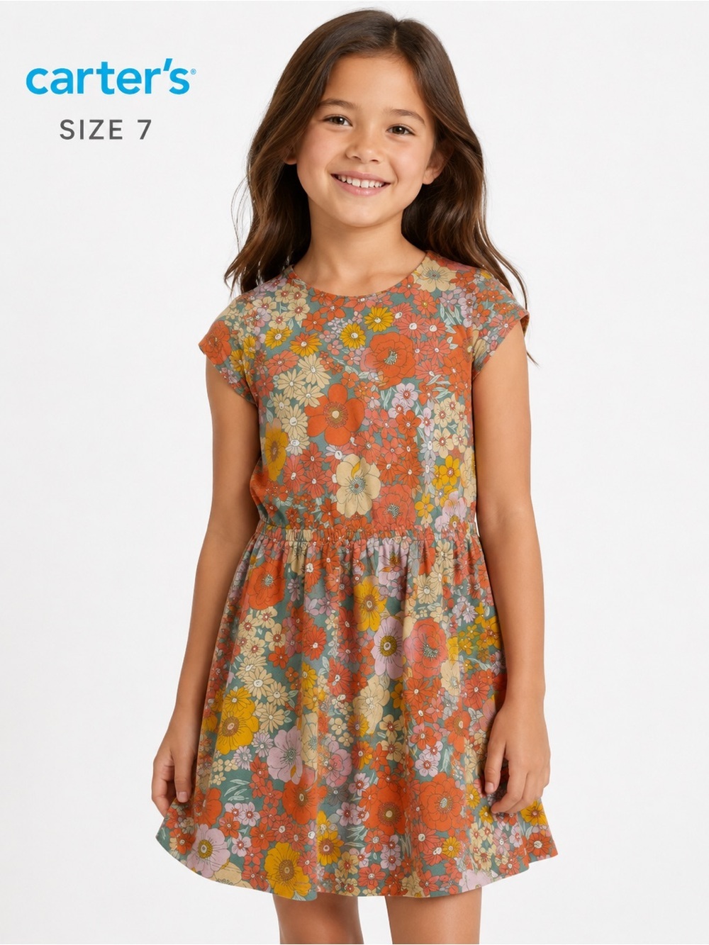 Carter’s Girls Floral Dress Size 7 Colorful Retro Flower Print Dress